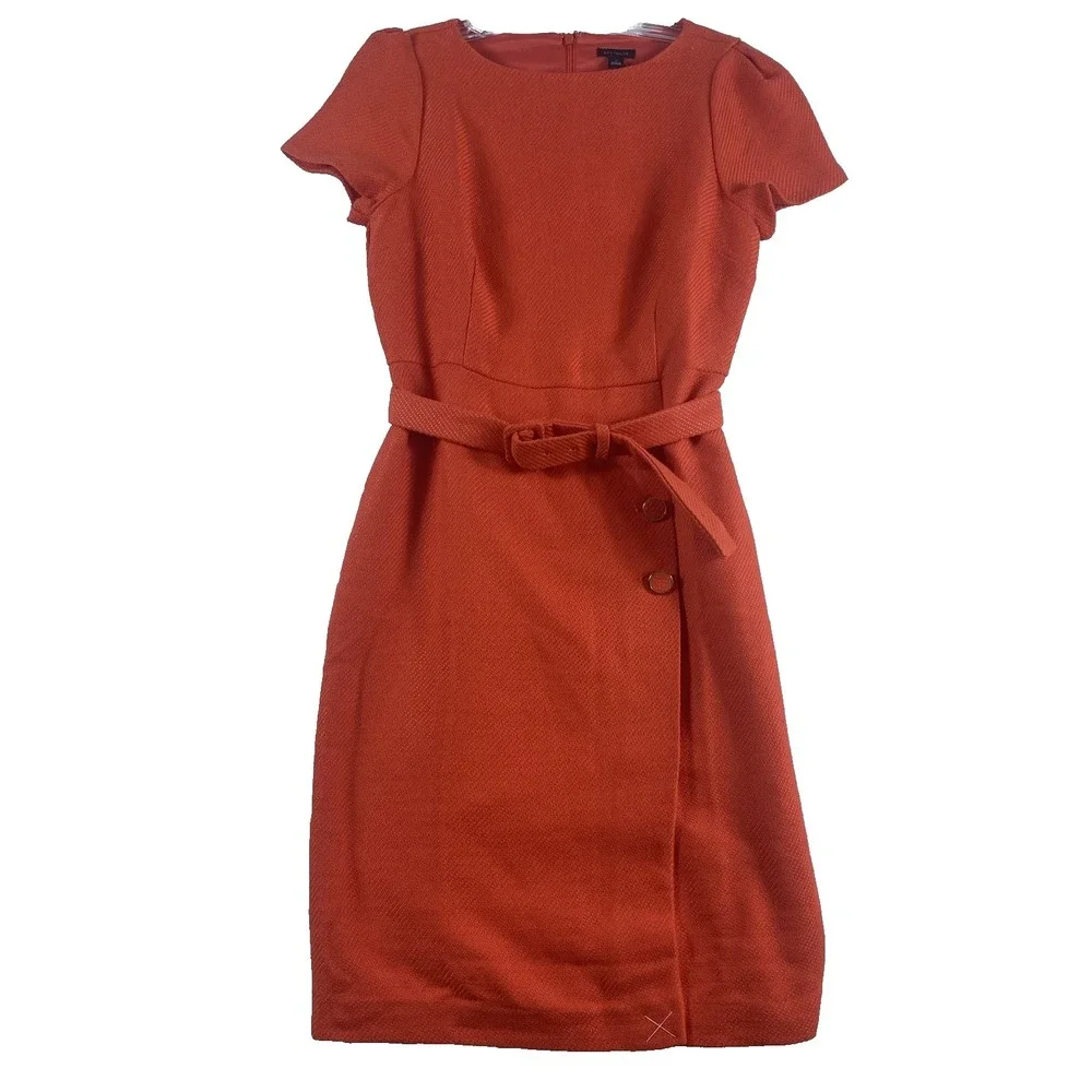 NWT Ann Taylor Knit Dress Women Sz 6 Petite Orange Belt Knee Length Office Work - Picture 2 of 15